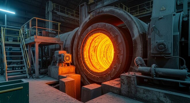 Inside a massive industrial rotary lime kiln glowing with intense heat, highlighting a critical manufacturing process.