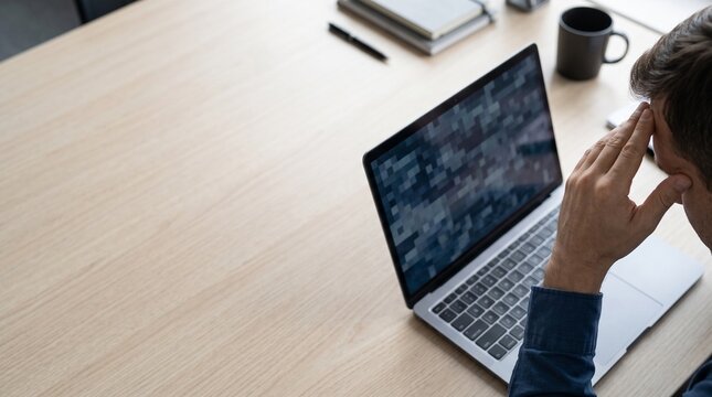 システム障害でノートパソコン横に額を押さえる会社員