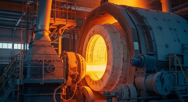 Intense glowing industrial furnace processing hot materials within a manufacturing plant