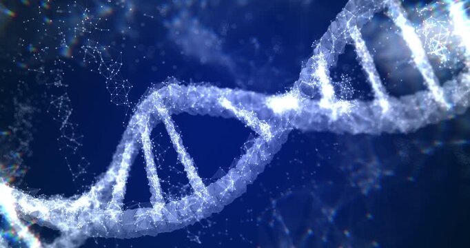 Scientific 3D DNA double helix animation with floating particles. Science and Medical Concept.