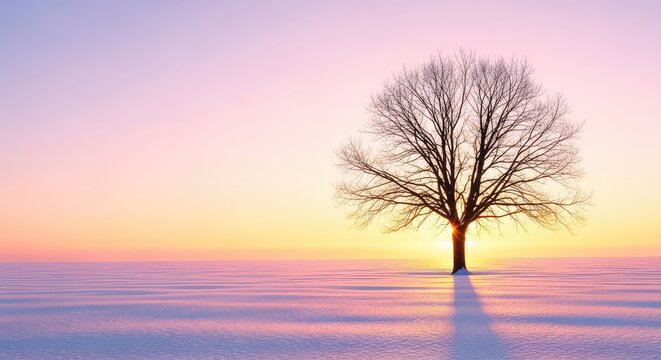 A solitary tree stands gracefully amidst a vast expanse of white snow under a serene pastel sky at dawn, creating a peaceful winter scene, cold, pastel, lonely