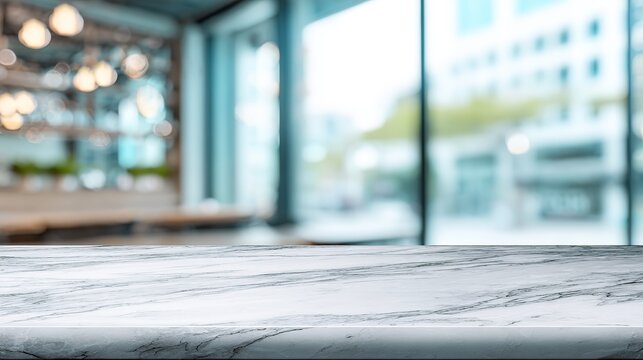 Modern marble tabletop surface presents blurred city skyline through expansive windows, ideal for product display concepts