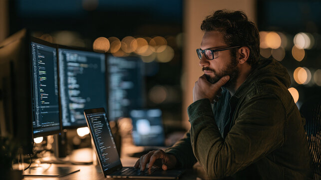 Software engineer write code on computer screen at night in modern office