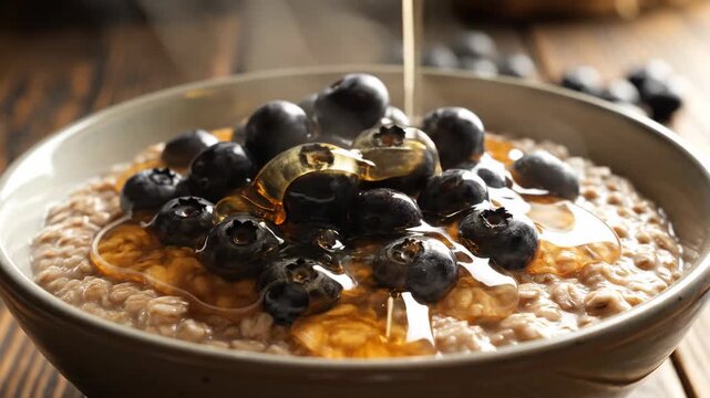 Fresh oatmeal porridge in a ceramic bowl topped with ripe blueberries and drizzled with golden honey, healthy breakfast concept and morning routine