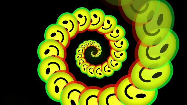 Hypnotic spiral of yellow smiley faces on a black background