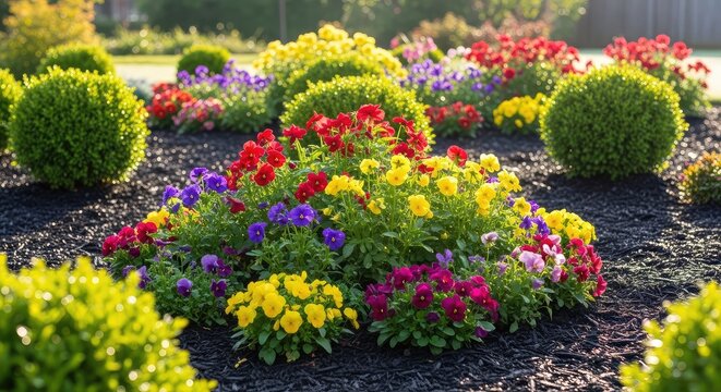 A vibrant backyard garden featuring blooming flowers, manicured green shrubs, and fresh dark mulch pathways under gentle morning sunlight, spring, shrubs, paths