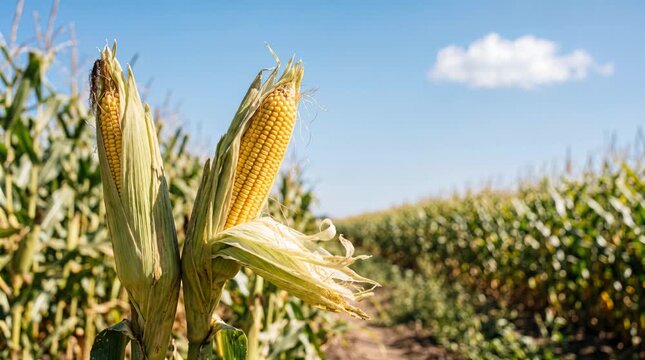 Close-up of ripe corn on the cob in a sunny field. Rows of corn plants stretch into the distance under a clear blue sky with a few clouds.