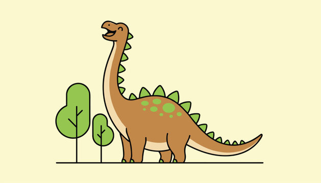 Cute cartoon brachiosaurus dinosaur with a long neck standing next to green trees on a pale yellow background.