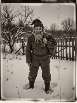 Creepy vintage man in gnome costume holding sack standing in snowy winter yard