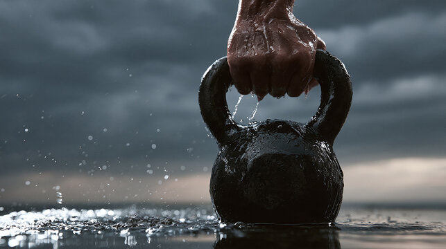 Strong athlete hand hold heavy metal kettlebell in dramatic rain storm