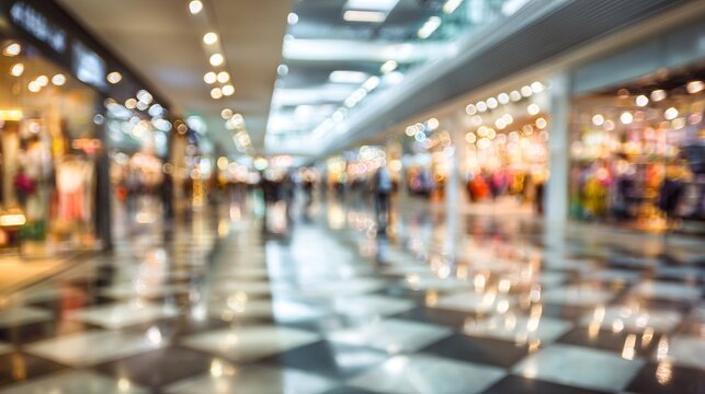 Blurred interior view of a bustling shopping mall showing stores and people, representing consumerism concept