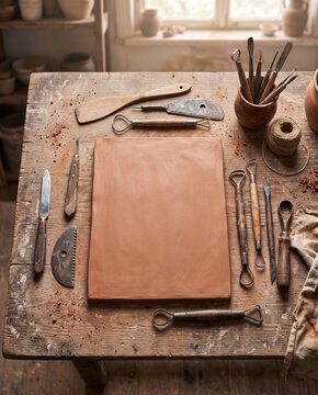 Overhead flatlay of a blank terracotta clay slab surrounded by traditional wooden sculpting tools