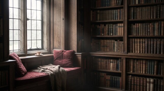 Cozy empty window seat with red velvet cushions in a dimly lit historic wooden library