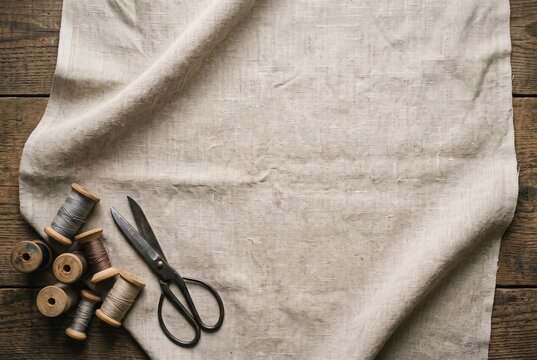 Crumpled raw grey linen fabric background with antique iron scissors in the corner