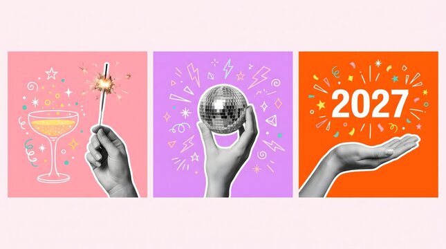 A creative collage featuring three hands holding a sparkling microphone a disco ball and the year twenty twenty seven against vibrant colorful backgrounds