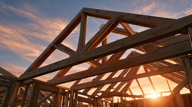 Wooden roof truss frame structure on a new house construction site at dusk