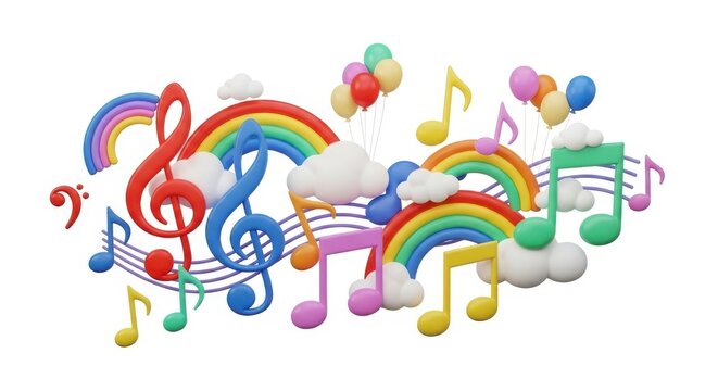 Vibrant musical notes and rainbows in a joyful composition