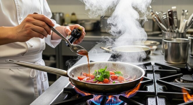 Chef stirring fresh vegetables in a professional kitchen pan