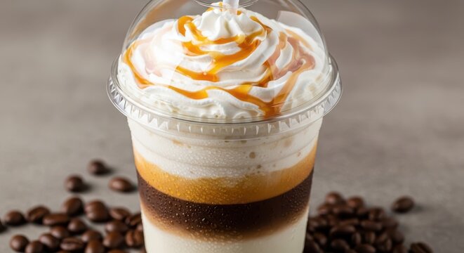 Creamy caramel whipped coffee drink with iced base
