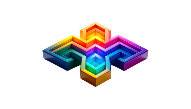 Abstract layered geometric logo template with a glossy metallic texture isolated on a transparent background