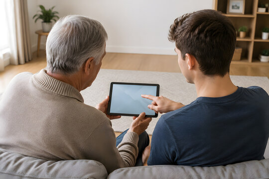 Younger adult helping older man use tablet computer at home