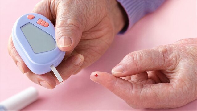 Senior woman hands measuring blood sugar level with glucometer and test strip. Diabetes mellitus home glucose test. Health care, medical monitoring and chronic disease control concept