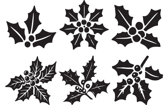 Christmas holly leaves and berries vector set, black winter botanical icons, holiday foliage silhouettes for seasonal greeting cards