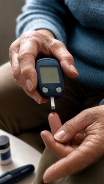 Senior woman measuring blood sugar level with glucometer at home. Drop of blood on finger and diabetes test strip. Glucose monitoring, elderly health care and chronic disease control concept.