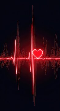 A vibrant glowing red heart pulse integrated into a digital sound wave frequency on a dark background, representing life, love, and rhythm, modern, dark, signal