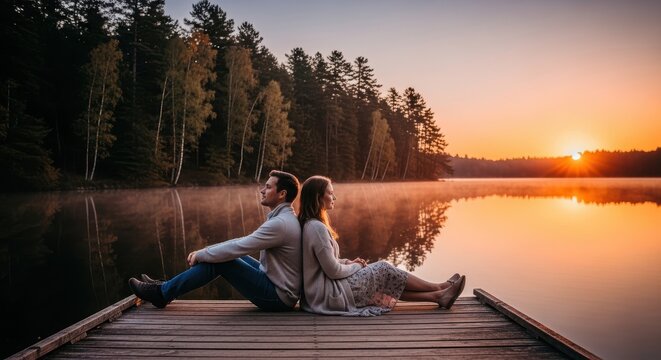Couple relaxing by sunset on a dock amidst serene nature