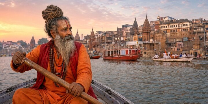 Indian Hindu Sadhu Sitting in a Boat on the Ganges River in Varanasi at Sunset