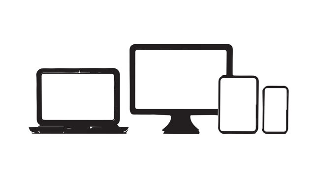 Minimalist digital device icons, black silhouette electronic gadgets set, responsive web design screens for laptop monitor tablet and phone