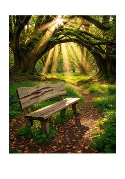 An empty rustic bench rests under towering ancient trees in a sun-dappled woodland glade, providing a calm sanctuary for quiet meditation, meditation, light, serenity