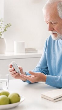 Senior man measuring blood sugar level with glucometer at home. Elderly male patient doing glucose test for diabetes control. Healthcare, self monitoring and healthy lifestyle concept