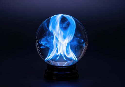 An enchanted crystal sphere housing vibrant blue flames and swirling mist, emitting a magical glow against a dark and mysterious background, orb, glow, light