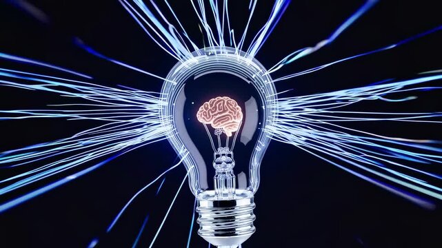 Close-up video of a light bulb with a brain inside, set against a dark background. Captured from a frontal angle, symbolizing innovation and ideas.