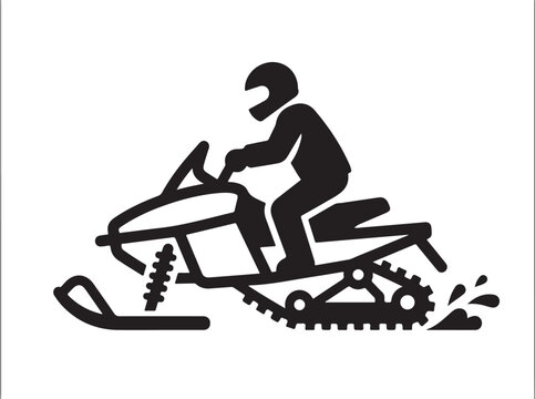 Snowmobile vector icon with rider, black silhouette of winter motor sports vehicle, snow machine transport symbol for maps and signage