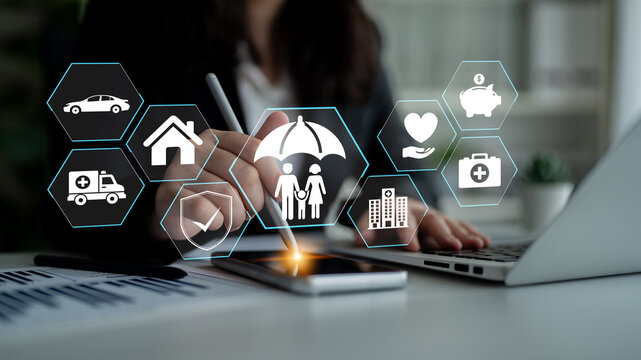 Business professional using digital tablet to manage various insurance icons and services for health, property, and automotive coverage, modern office setting. Glyphic.