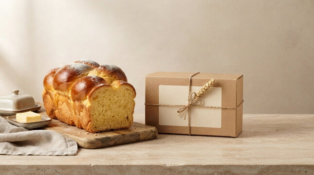 Freshly baked sliced bread loaf with butter and empty frame still life