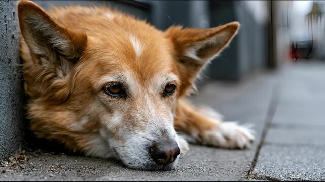 Close up portrait of calm brown and white dog resting outdoors with pointed ears