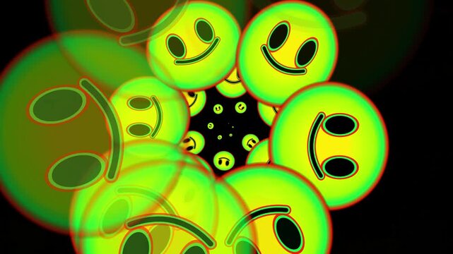 Abstract digital art featuring a psychedelic spiral of glowing neon yellow smiley faces