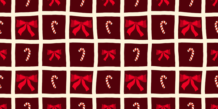 Seamless merry preppy with christmas background bow for gingham ribbon stripe. Pattern ornament holiday with fashion texture harlequin for wrapping decorative aesthetic. Lattice aop design.