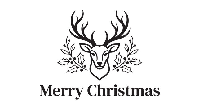 Vintage reindeer head with antlers and holly leaves, Merry Christmas holiday greeting vector, elegant black and white deer logo