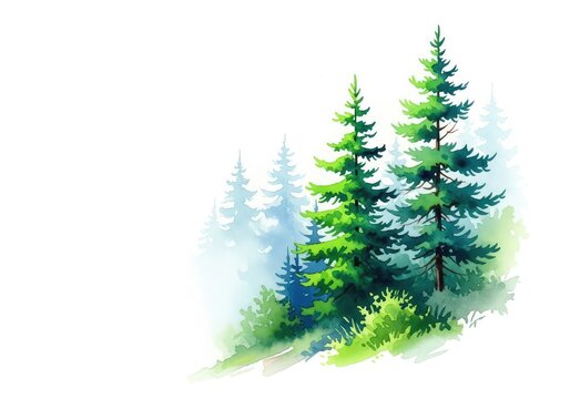 Dreamy watercolor forest landscape featuring soft misty pine trees and green foliage, ideal for elegant nature themed design templates, larch, watercolor, landscape