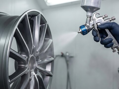 Professional car wheel refinishing with spray gun in a clean workshop environment