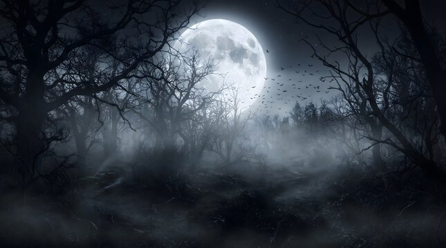 Spooky full moon night forest scene for a halloween background