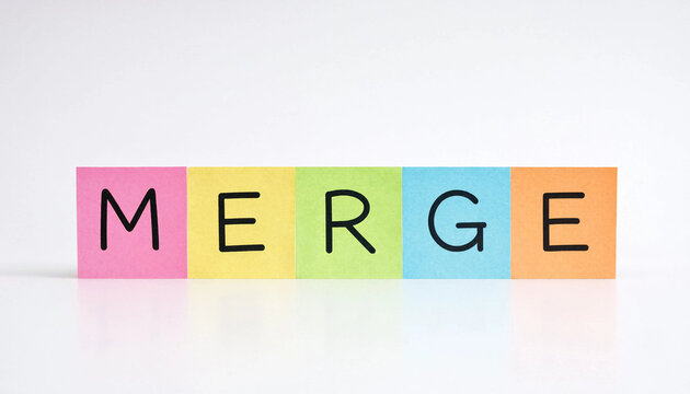 Merge concept spelled with colorful paper blocks on white background for business integration or collaboration themes