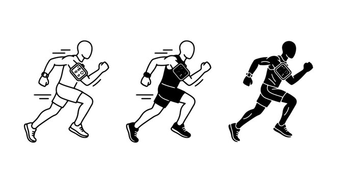 Runner Icons Set, Athletic Male Figure in Motion, Sports Silhouette Vector Collection