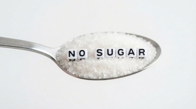 Spoon filled with sugar with the words no sugar written within