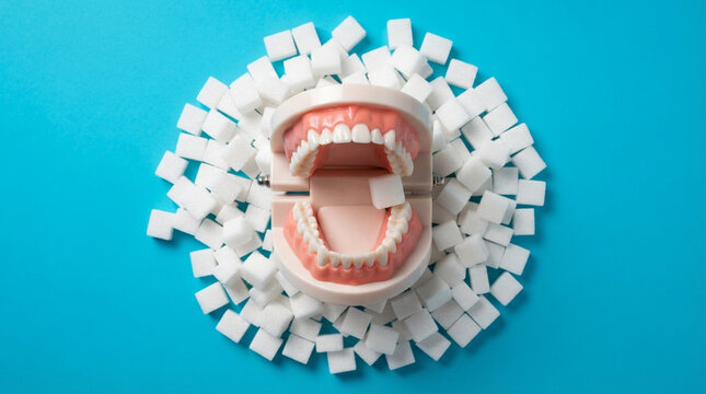 Dental health concept with multiple teeth arranged in open mouth shape
